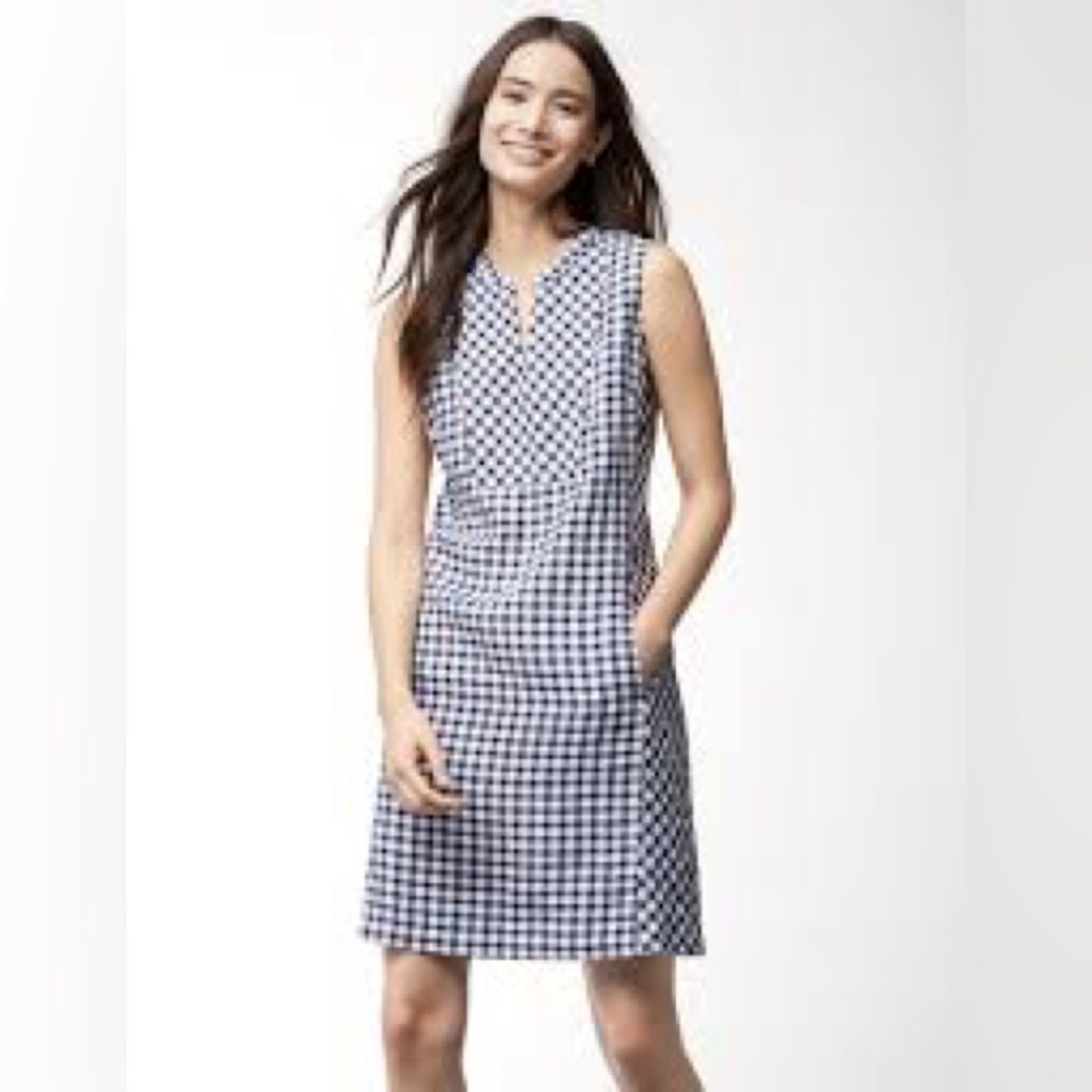 Tommy Bahama Gingham The Great Linen Dress Navy Sleeveless Mini Shift Pockets XS